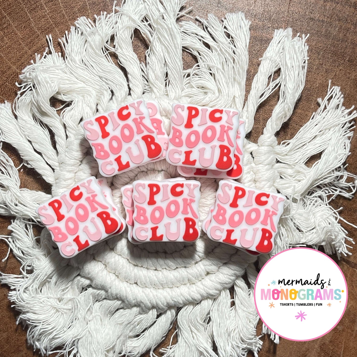 Spicy Book Club beads on a white rope with tassels, featuring the brand 'Mermaids & Monograms'.