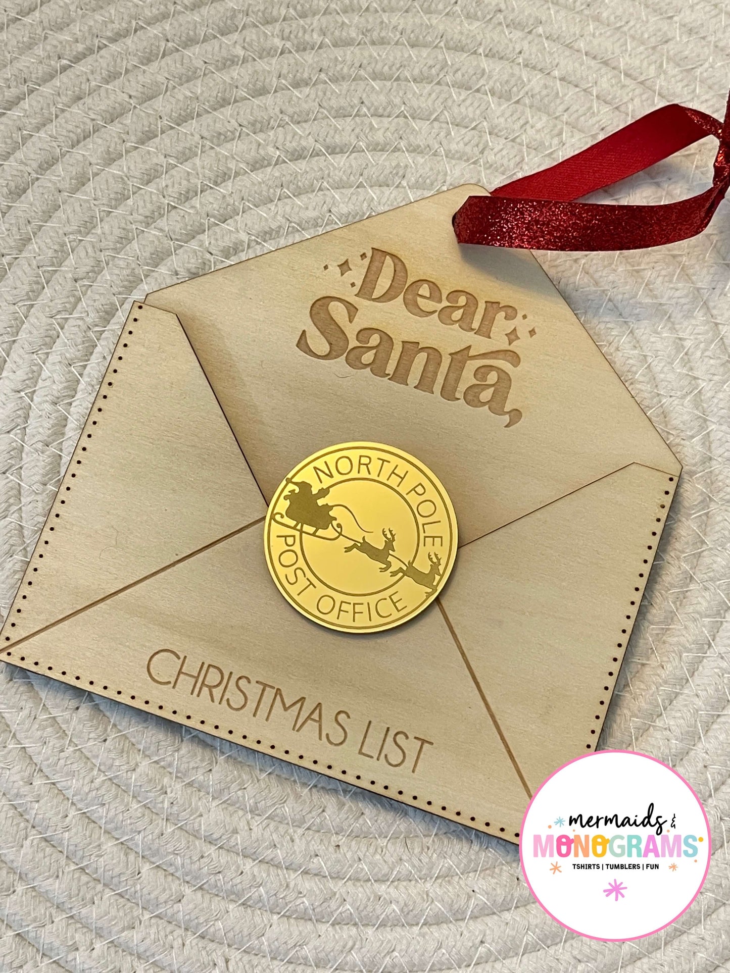 Dear Santa Christmas List Ornament – Wood Santa Envelope with North Pole Seal