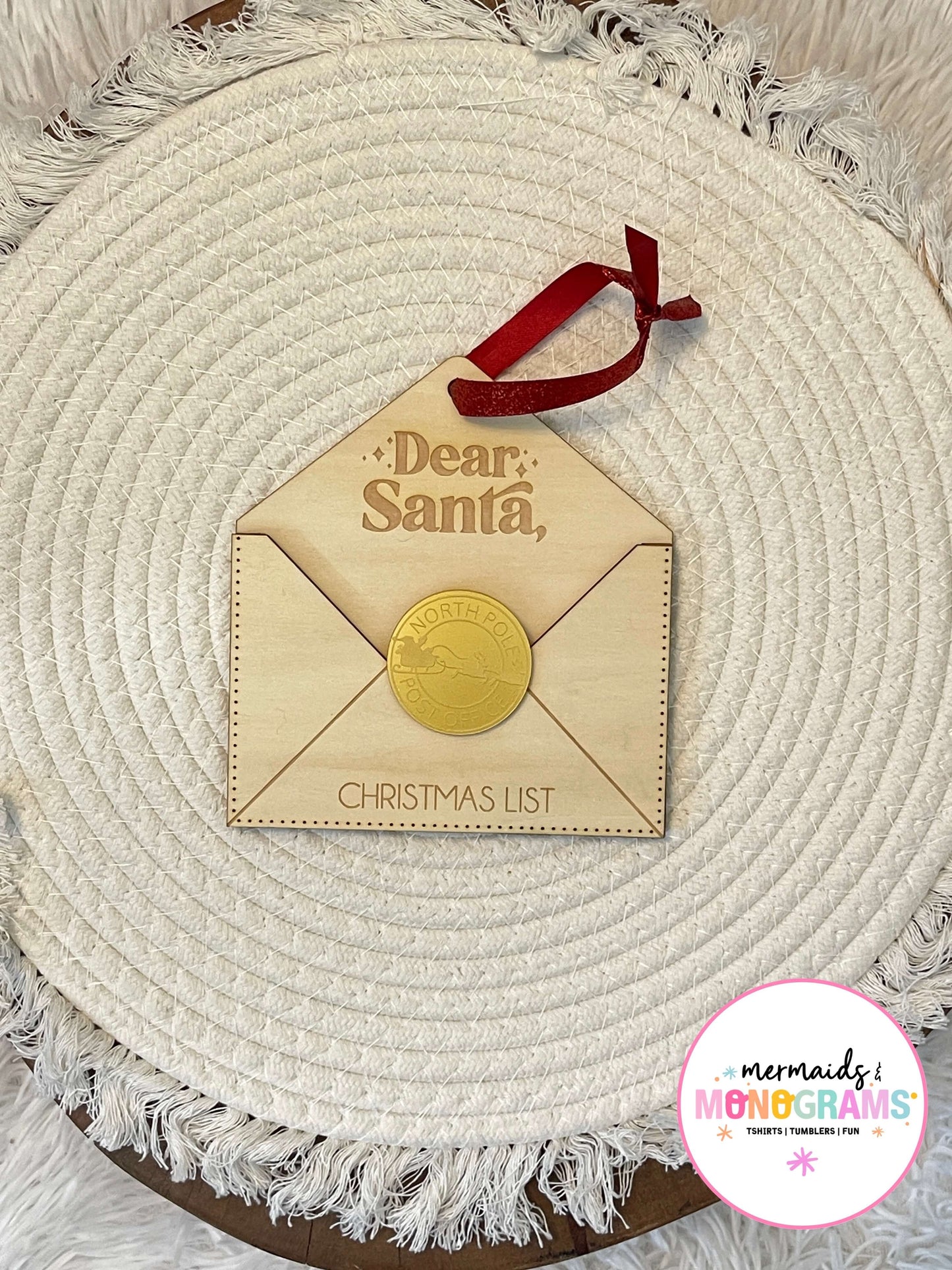 Dear Santa Christmas List Ornament – Wood Santa Envelope with North Pole Seal