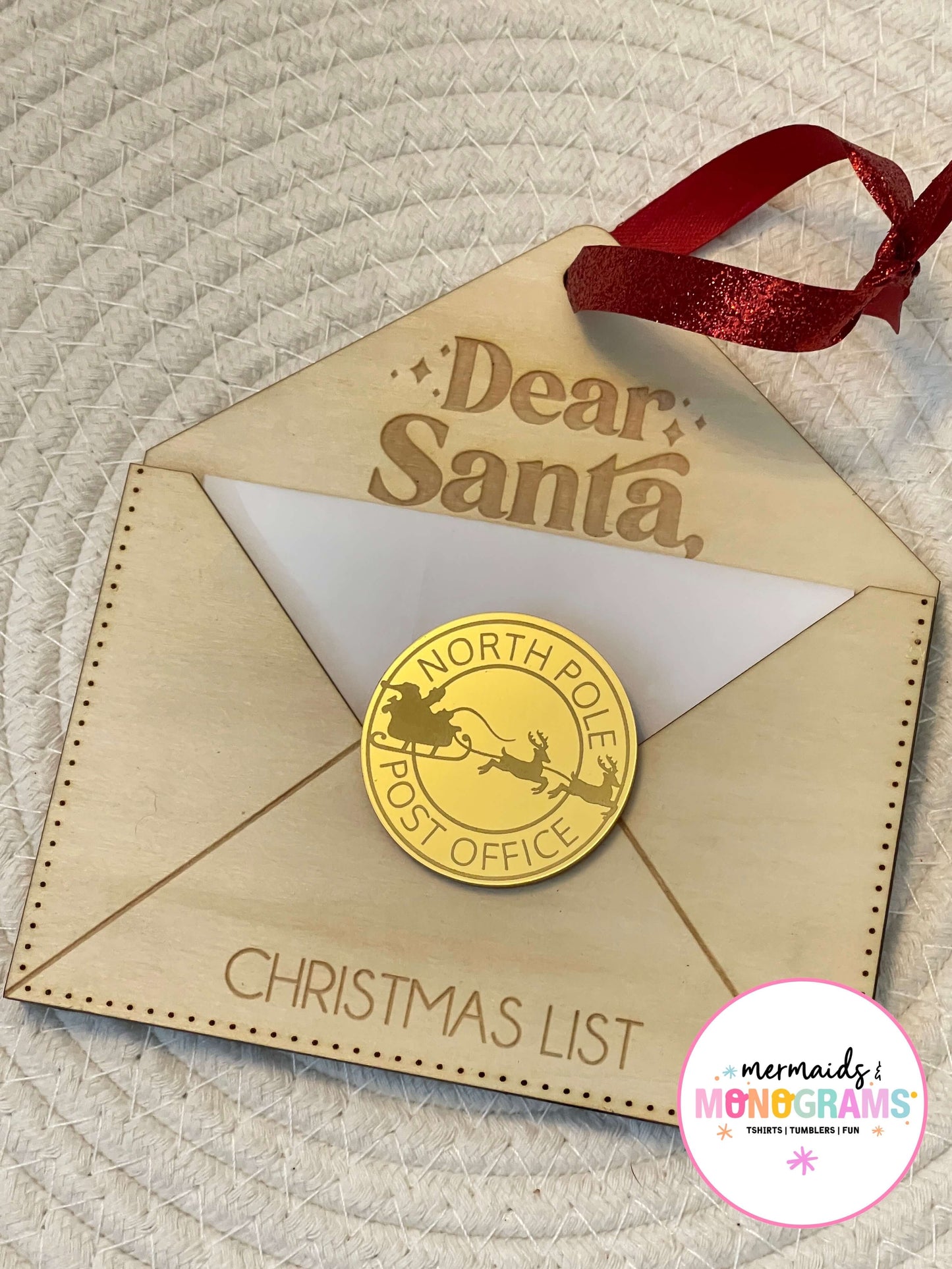 Dear Santa Christmas List Ornament – Wood Santa Envelope with North Pole Seal
