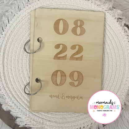 Laser engraved wooden wedding card holder with 08 22 09 and personalized names