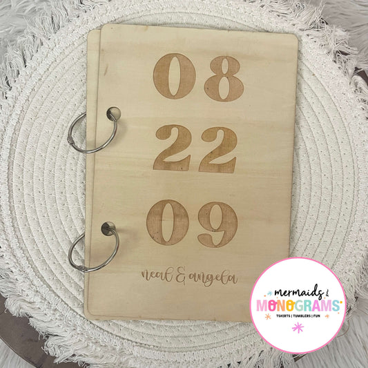 Laser engraved wooden wedding card holder with 08 22 09 and personalized names