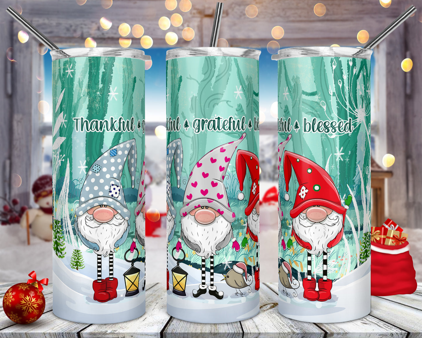 Thankful Grateful Blessed Gnome Christams Tumbler, Skinny Cup