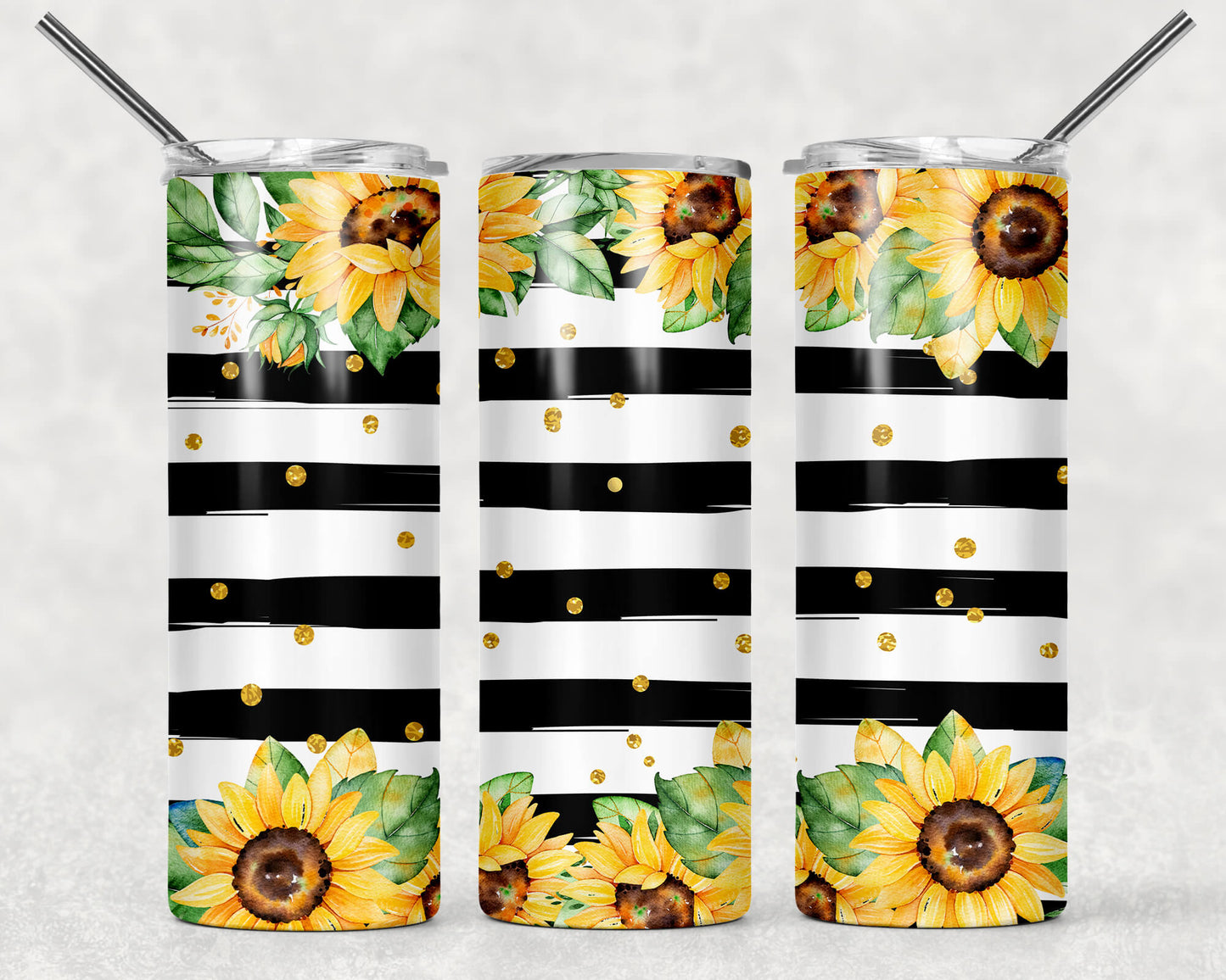 Black & White Striped Sunflower Stainless Steel Tumbler