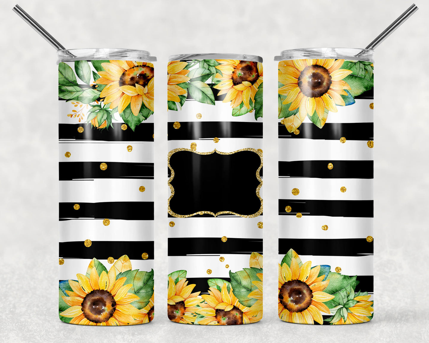 Black & White Striped Sunflower Stainless Steel Tumbler