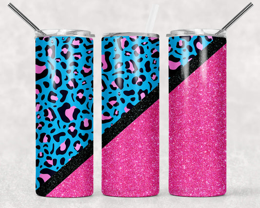 Pink and Blue Animal Print w/ Pink Glitter bottom Stainless Steel Tumbler