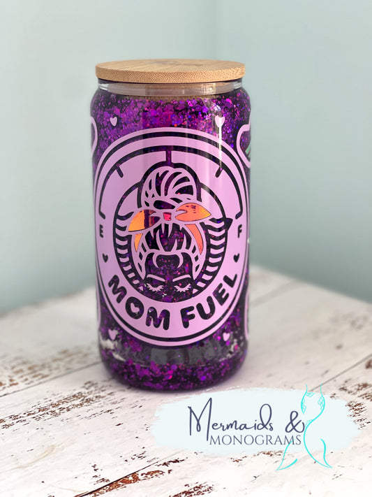 Mom Fuel Messy Bun Snow Globe Glitter Glass Can Cup