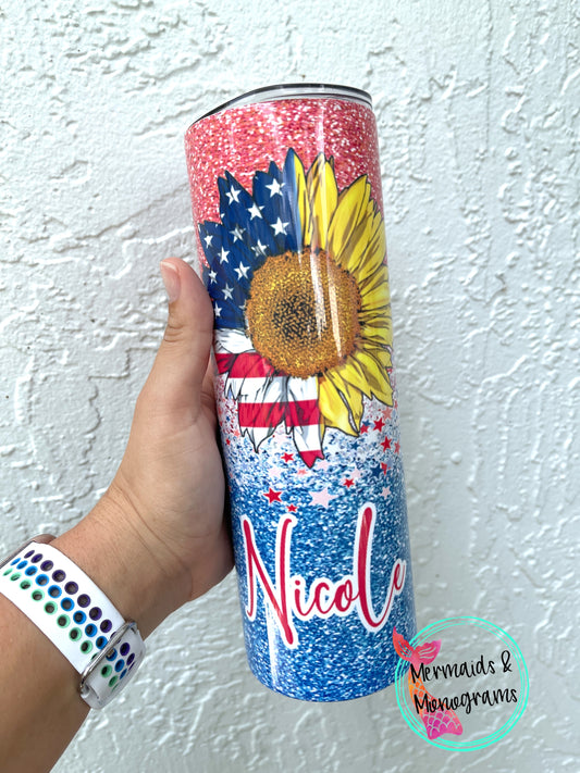 Red White & Blue American Flag Sunflower Tumbler