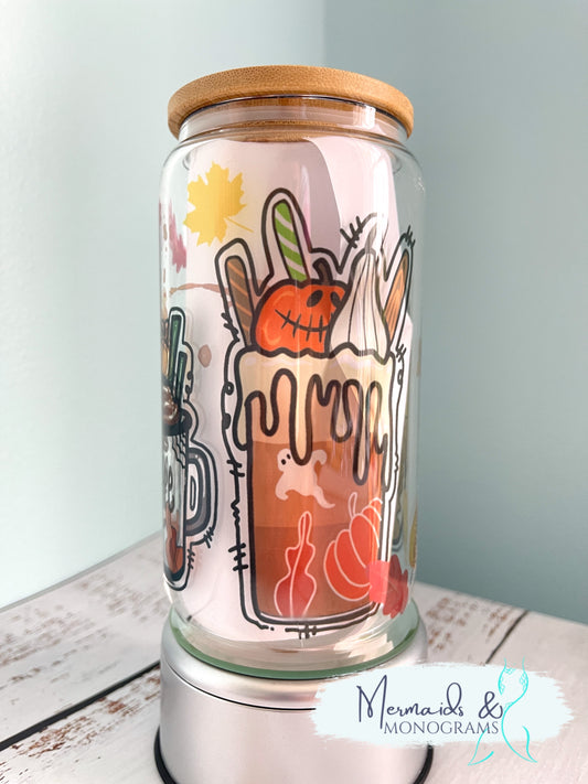 Fall Coffee Drink Themed Glass Can Tumbler