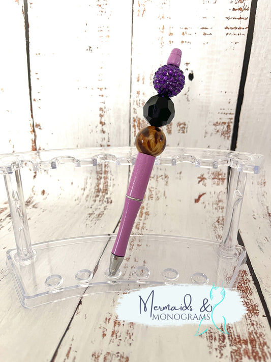 Bubblegum Chunky Beaded Pen Purple  Black Cheetah Print