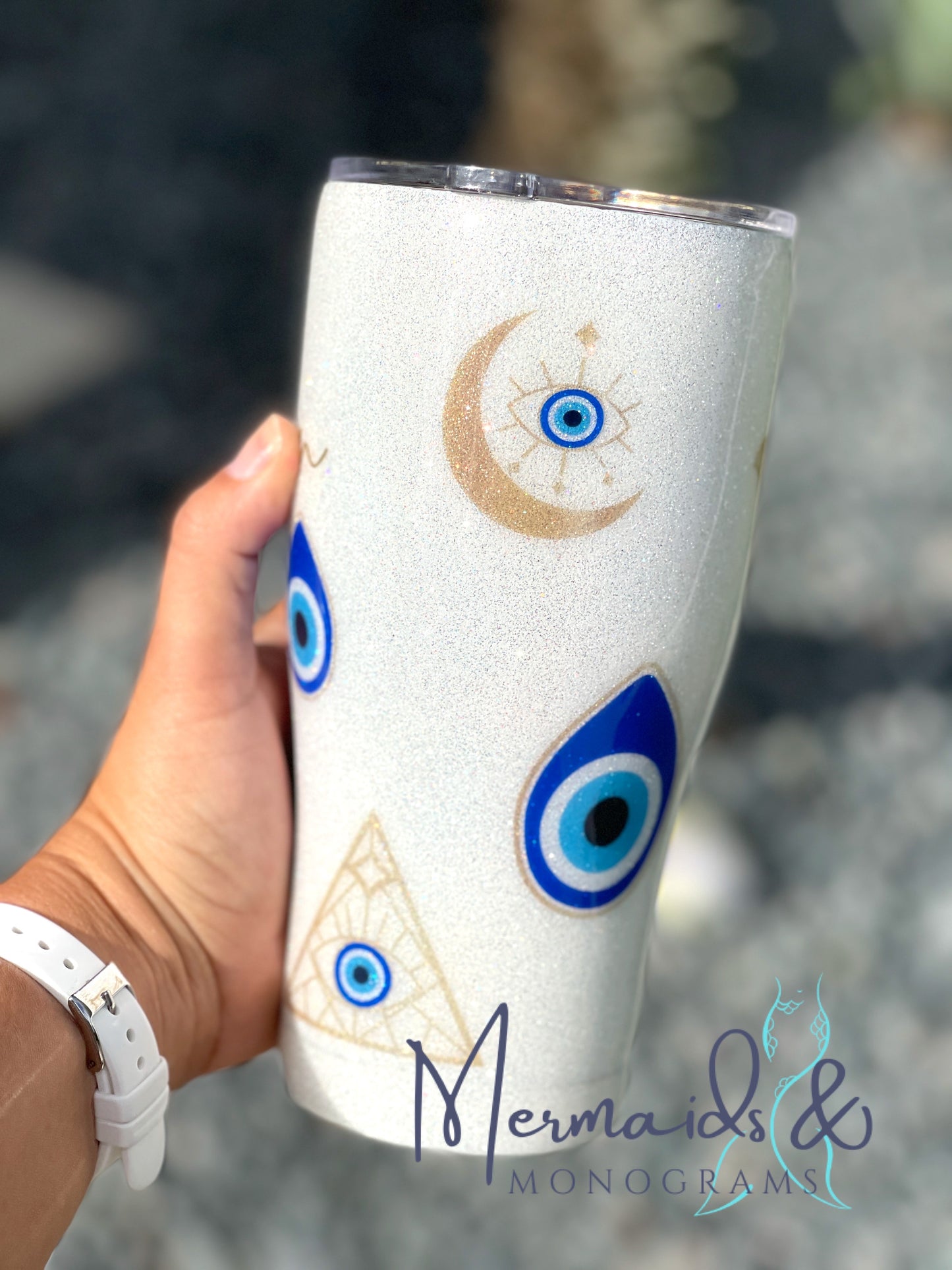 Evil Eye Hand Glittered Tumbler