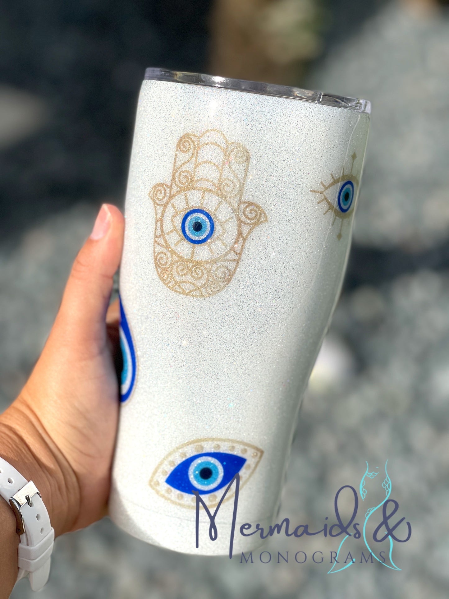 Evil Eye Hand Glittered Tumbler