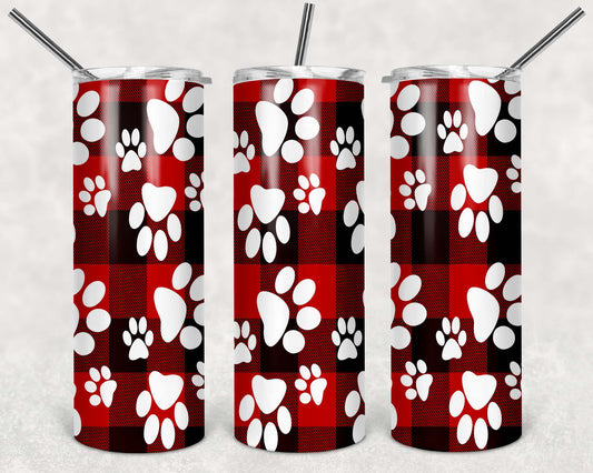 Red and Black Plaid Paw Print Stainless Steel Tumbler