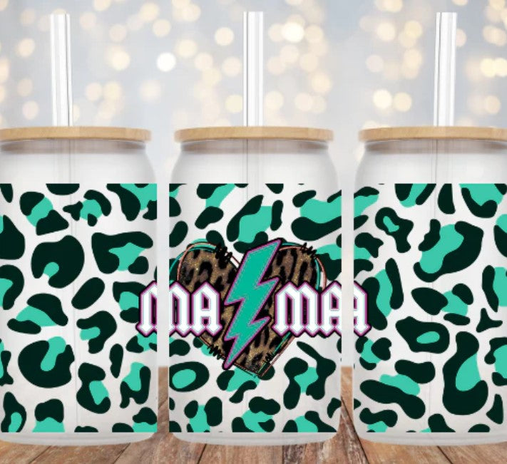 16oz Iced Coffee Glass Can Cup Teal Leopard Mama