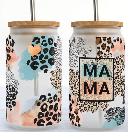 16oz Iced Coffee Glass Can Cup Mama Cheetah Multi Color Print