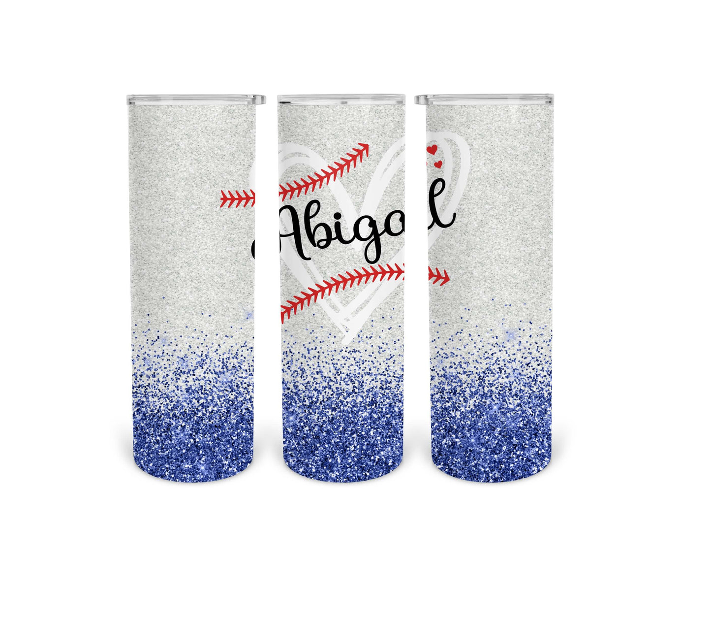 Blue Glitter Baseball Heart Personalized Stainless Steel Tumbler