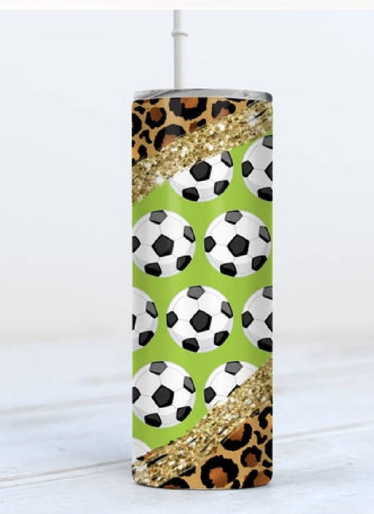 Green Soccer Leopard Print with Glitter Stainless Steel Tumbler